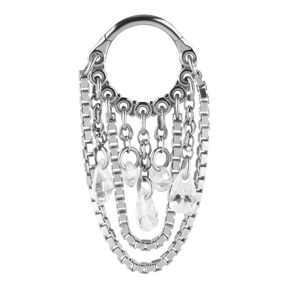 A steel hinged ring with connected chains and dangly cubic zirconia charms designed for earlobe or helix piercings.