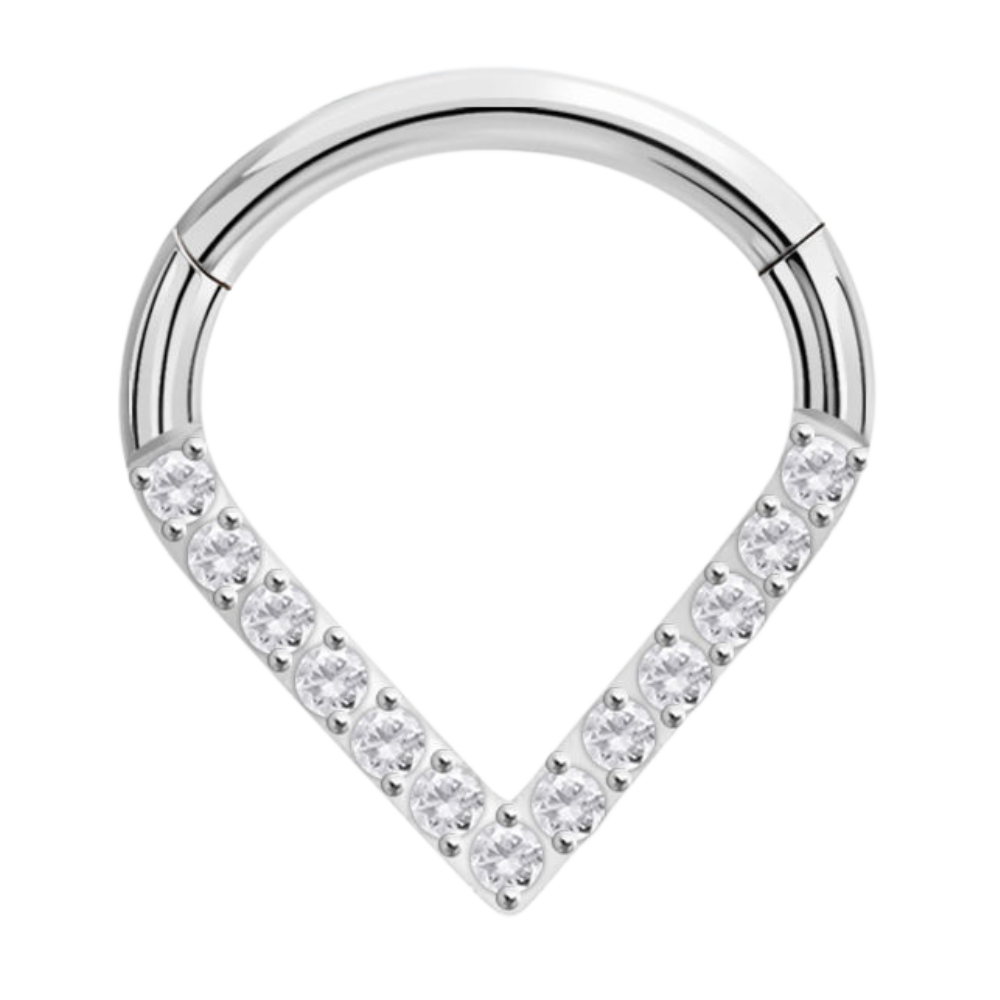Surgical steel v shaped hinged clicker paved with white CNC set cubic zirconia stones 1.2x10mm
