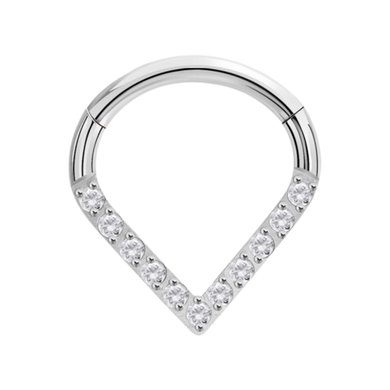 Surgical steel v shaped hinged clicker paved with white CNC set cubic zirconia stones 1.2x8mm