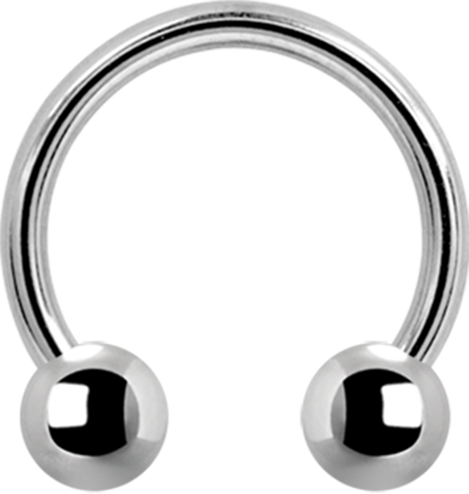 A steel circular barbell with two externally threaded balls designed for various body piercings.