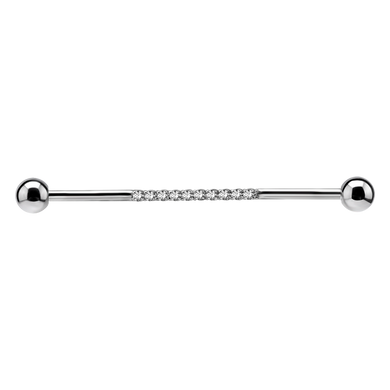 Surgical steel industrial barbell paved with white premium zirconia stones