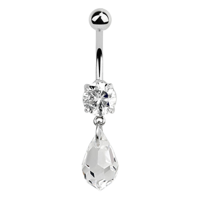 Surgical steel navel bar with white prong set zirconia and large white teardrop Swarovski charm
