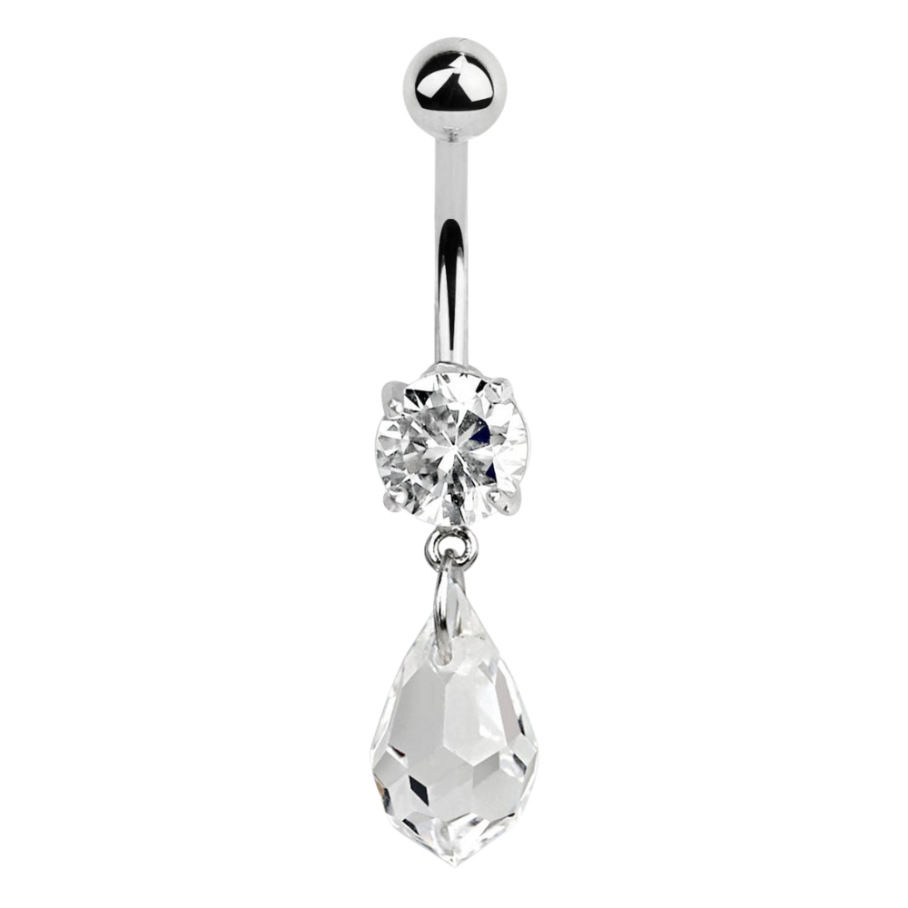 Surgical steel navel bar with white prong set zirconia and large white teardrop Swarovski charm