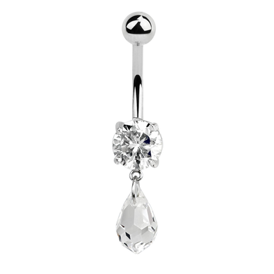 Surgical steel navel bar with white prong-set zirconia and a small teardrop Swarovski charm