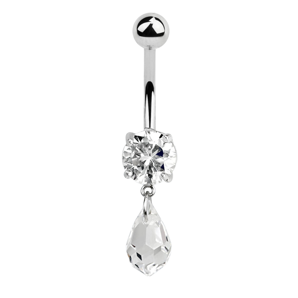 Surgical steel navel bar with white prong-set zirconia and a small teardrop Swarovski charm