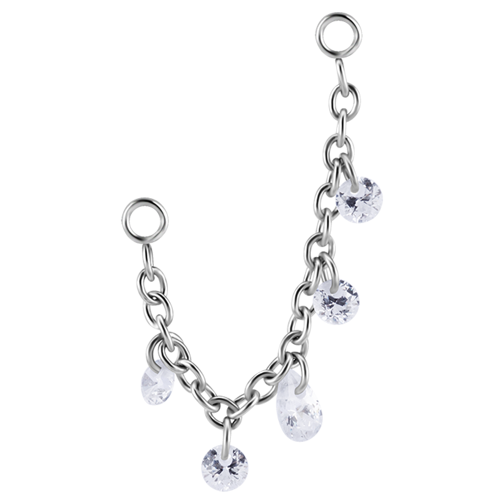 Surgical steel 316L single connecting chain with floating white cubic zirconia stones. 30mm long