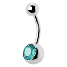Load image into Gallery viewer, Surgical Steel navel bar with a single bottom gem. 1.6x12x5/8mm. Aqua premium crystal
