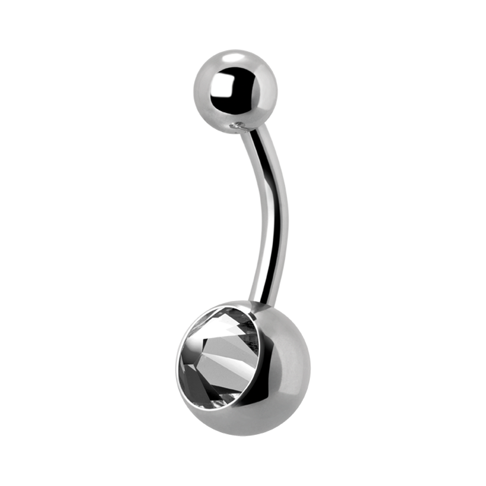Surgical Steel navel bar with a single bottom gem. 1.6x12x5/8mm White premium crystal
