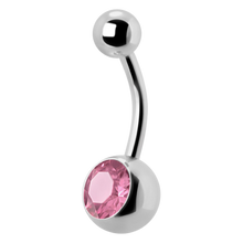 Load image into Gallery viewer, Surgical Steel navel bar with a single bottom gem. 1.6x12x5/8mm Light rose premium crystal
