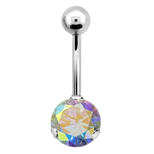 Load image into Gallery viewer, Surgical Steel single jewelled navel bar with prong set aurora borealis stone and plain steel ball on top 
