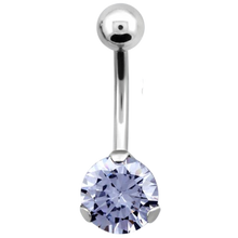 Load image into Gallery viewer, Surgical Steel single jewelled navel bar with prong set lavender stone and plain steel ball on top 
