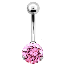 Load image into Gallery viewer, Surgical Steel single jewelled navel bar with prong set light rose stone and plain steel ball on top 
