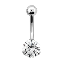 Load image into Gallery viewer, Surgical Steel single jewelled navel bar with prong set white stone and plain steel ball on top 
