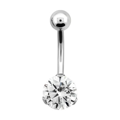 Surgical Steel single jewelled navel bar with prong set white stone and plain steel ball on top 