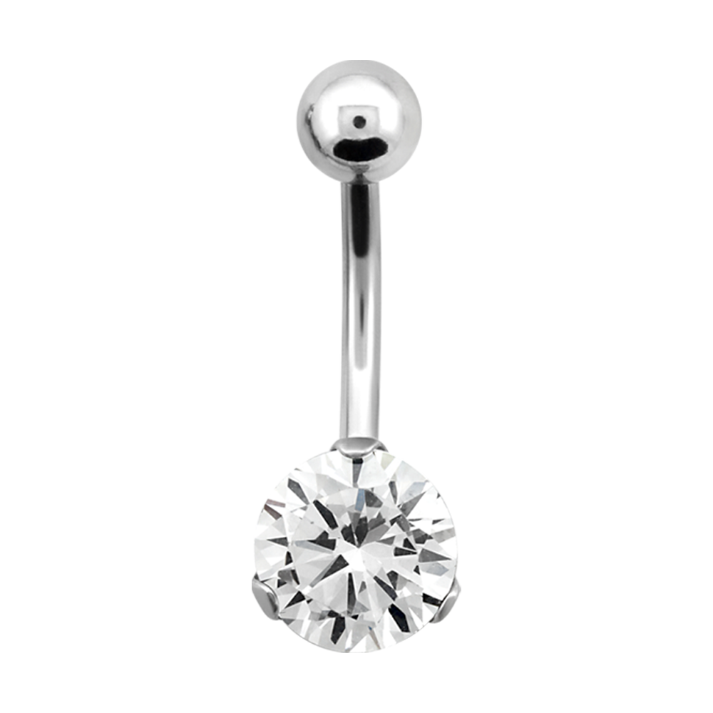 Surgical Steel single jewelled navel bar with prong set white stone and plain steel ball on top 
