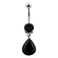 Load image into Gallery viewer, Surgical Steel black cubic zirconia prong-set navel bar with Pear Swarovski charm below and plain ball on top
