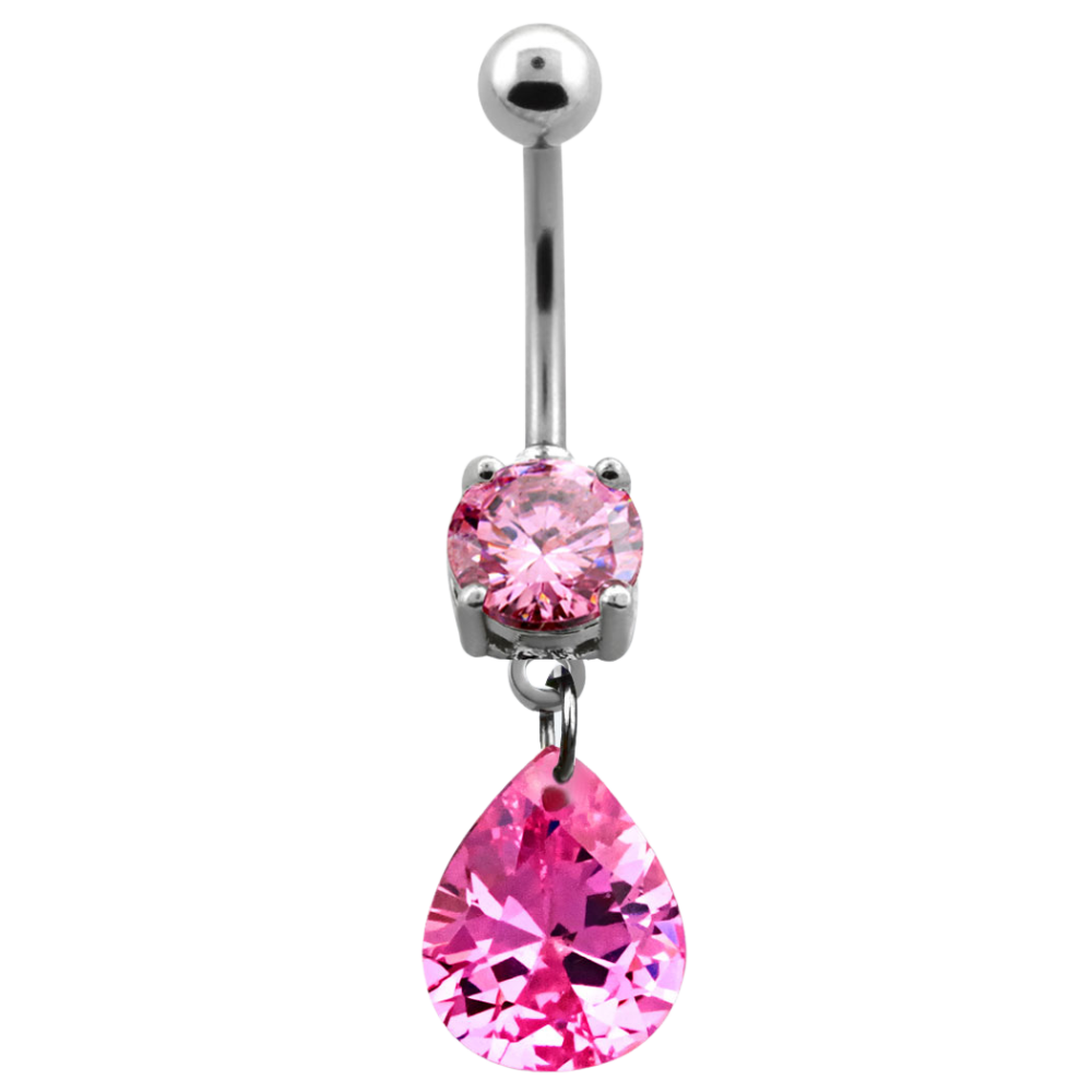 Surgical Steel rose cubic zirconia prong-set navel bar with Pear Swarovski charm below and plain ball on top