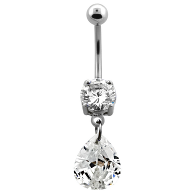 Surgical Steel white cubic zirconia prong-set navel bar with Pear Swarovski charm below and plain ball on top