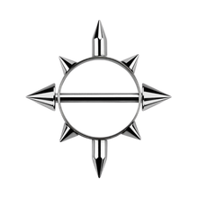 Load image into Gallery viewer, Surgical steel nipple shield with four short spikes and one long spike on the outer edges. Has a barbell running through the centre secured with threaded spikes on either end 1.6x12mm
