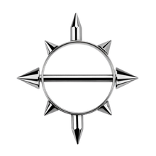 Load image into Gallery viewer, Surgical steel nipple shield with four short spikes and one long spike on the outer edges. Has a barbell running through the centre secured with threaded spikes on either end 1.6x14mm
