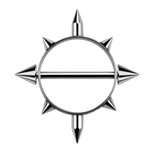 Load image into Gallery viewer, Surgical steel nipple shield with four short spikes and one long spike on the outer edges. Has a barbell running through the centre secured with threaded spikes on either end 1.6x16mm
