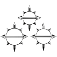 Load image into Gallery viewer, Surgical steel nipple shield with four short spikes and one long spike on the outer edges. Has a barbell running through the centre secured with threaded spikes on either end 
