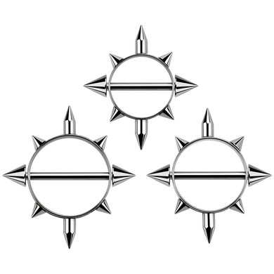 Surgical steel nipple shield with four short spikes and one long spike on the outer edges. Has a barbell running through the centre secured with threaded spikes on either end 