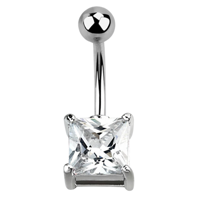 Surgical steel navel bar with a square shaped white cubic zirconia stone 