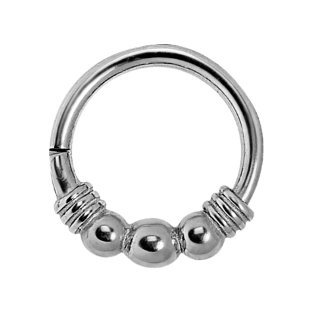 Surgical steel hinged clicker ring with three balls and a wrapped wire design 1.0x6mm
