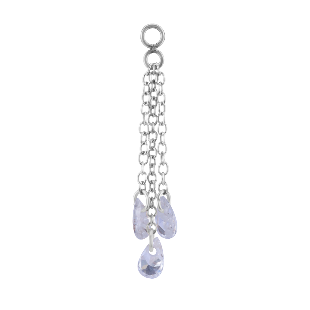 Surgical steel charm with three chains and three floating cubic zirconia stones 25mm in length 
