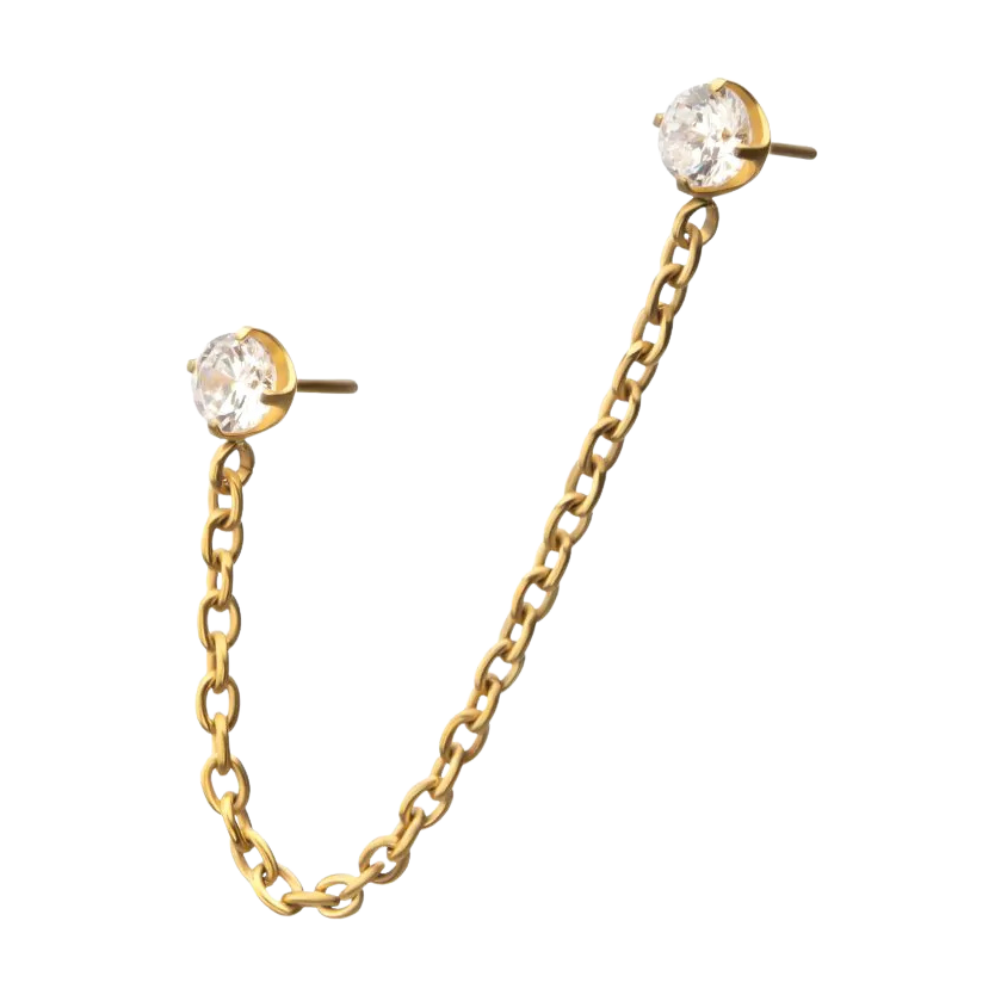 INVICTUS 24Kt Gold PVD Titanium Double Prong Set Gem with Rolo Chain Dangle Threadless Attachment