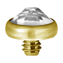 Load image into Gallery viewer, A high-quality titanium disc attachment with a sparkling crystal designed for Dermal Anchors with a threaded screw for internally threaded piercing jewellery.

