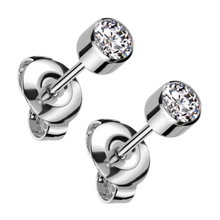 Load image into Gallery viewer, Pair of titanium ear studs with a 4mm white bezel-set cubic zirconia stones and titanium butterfly backs
