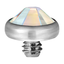 Load image into Gallery viewer, A high-quality titanium disc attachment with a sparkling crystal designed for Dermal Anchors with a threaded screw for internally threaded piercing jewellery.
