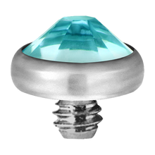 Load image into Gallery viewer, A high-quality titanium disc attachment with a sparkling crystal designed for Dermal Anchors with a threaded screw for internally threaded piercing jewellery.
