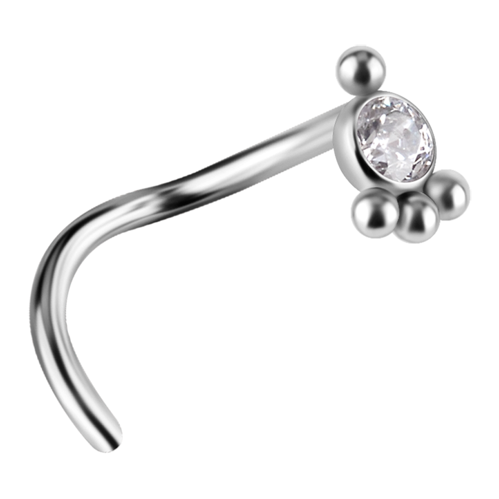 Titanium ASTM F-136 Drop ornate nose twirl design with a white premium zirconia stone
