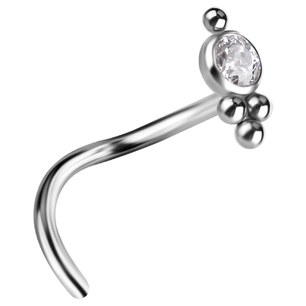 A titanium ASTM F-136 ornate nose twirl with a white premium zirconia stone
