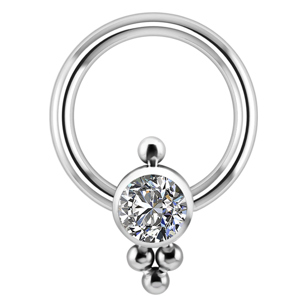 Titanium ASTM-136 disc closure ring with a white premium zirconia ornate cluster captive disc