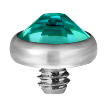 Load image into Gallery viewer, A high-quality titanium disc attachment with a sparkling crystal designed for Dermal Anchors with a threaded screw for internally threaded piercing jewellery.
