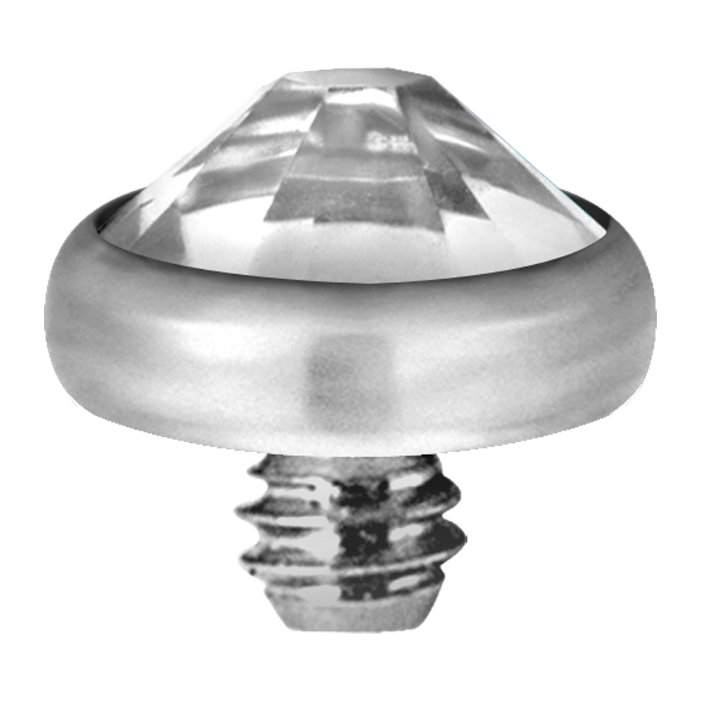 A high-quality titanium disc attachment with a sparkling crystal designed for Dermal Anchors with a threaded screw for internally threaded piercing jewellery.