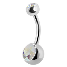 Load image into Gallery viewer, titanium navel barbell with a gem on the top and bottom ball
