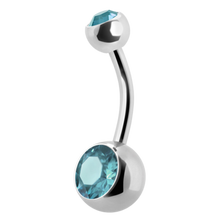 Load image into Gallery viewer, titanium navel barbell with a gem on the top and bottom ball
