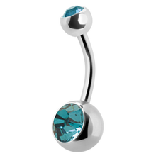 Load image into Gallery viewer, titanium navel barbell with a gem on the top and bottom ball
