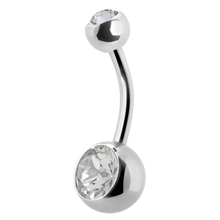 Load image into Gallery viewer, titanium navel barbell with a gem on the top and bottom ball
