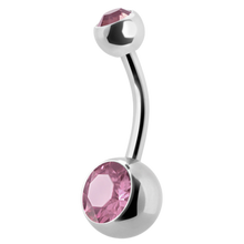 Load image into Gallery viewer, titanium navel barbell with a gem on the top and bottom ball
