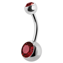 Load image into Gallery viewer, titanium navel barbell with a gem on the top and bottom ball
