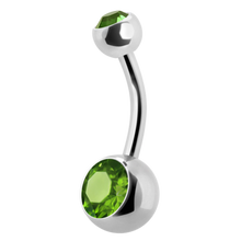 Load image into Gallery viewer, titanium navel barbell with a gem on the top and bottom ball
