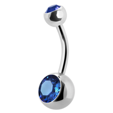 Load image into Gallery viewer, titanium navel barbell with a gem on the top and bottom ball
