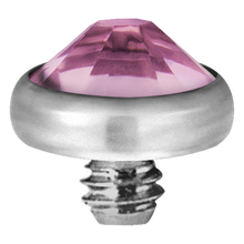 Load image into Gallery viewer, A high-quality titanium disc attachment with a sparkling crystal designed for Dermal Anchors with a threaded screw for internally threaded piercing jewellery.
