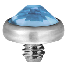 Load image into Gallery viewer, A high-quality titanium disc attachment with a sparkling crystal designed for Dermal Anchors with a threaded screw for internally threaded piercing jewellery.
